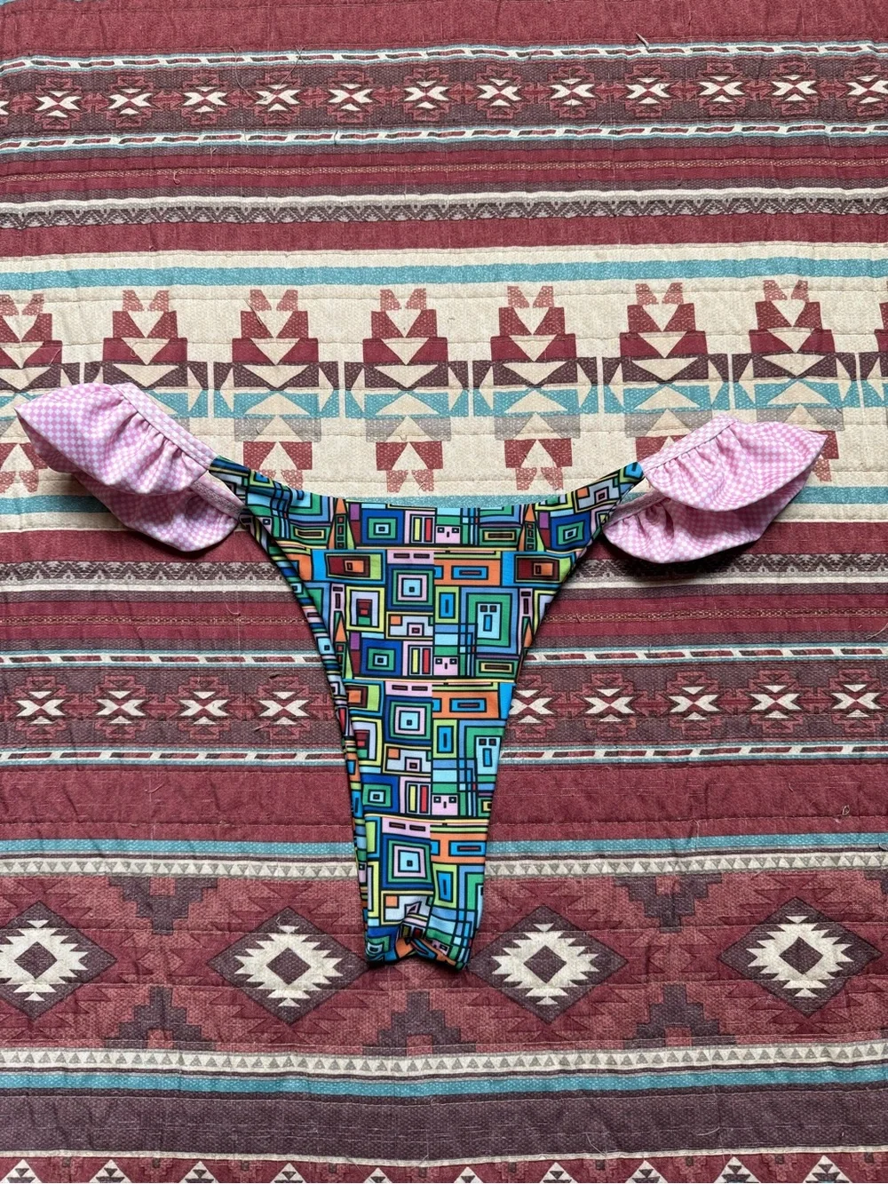 Strawberry Milk Mob Multicolor Geometric Bikini Top with Pink Accents size small